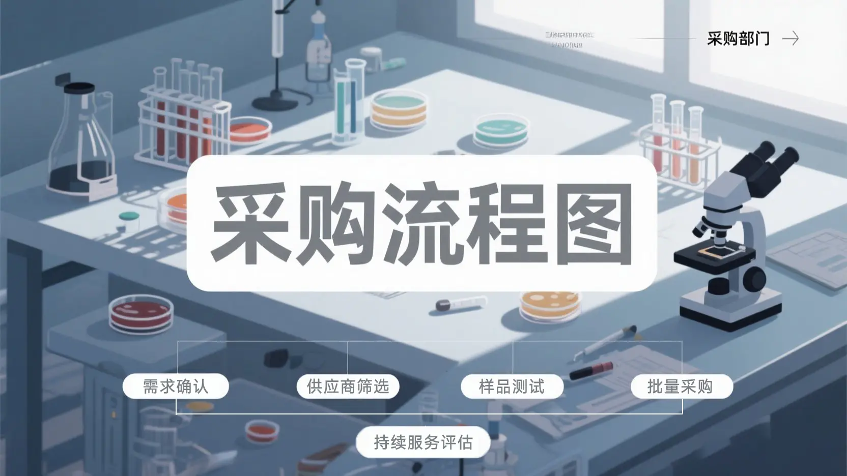 实验室耗材采购流程图：需求确认-供应商筛选-样品测试-批量采购-持续服务评估