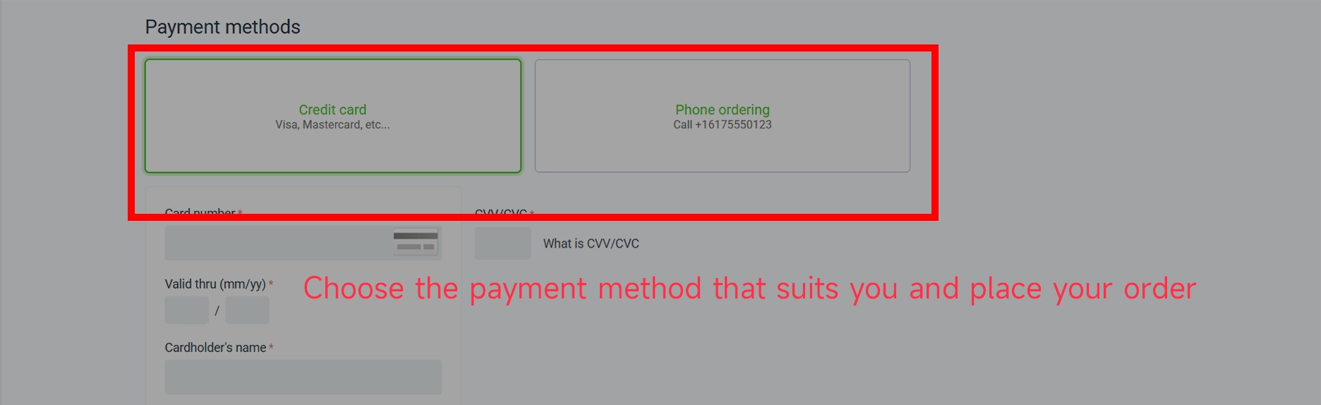 Shopping order payment method selection