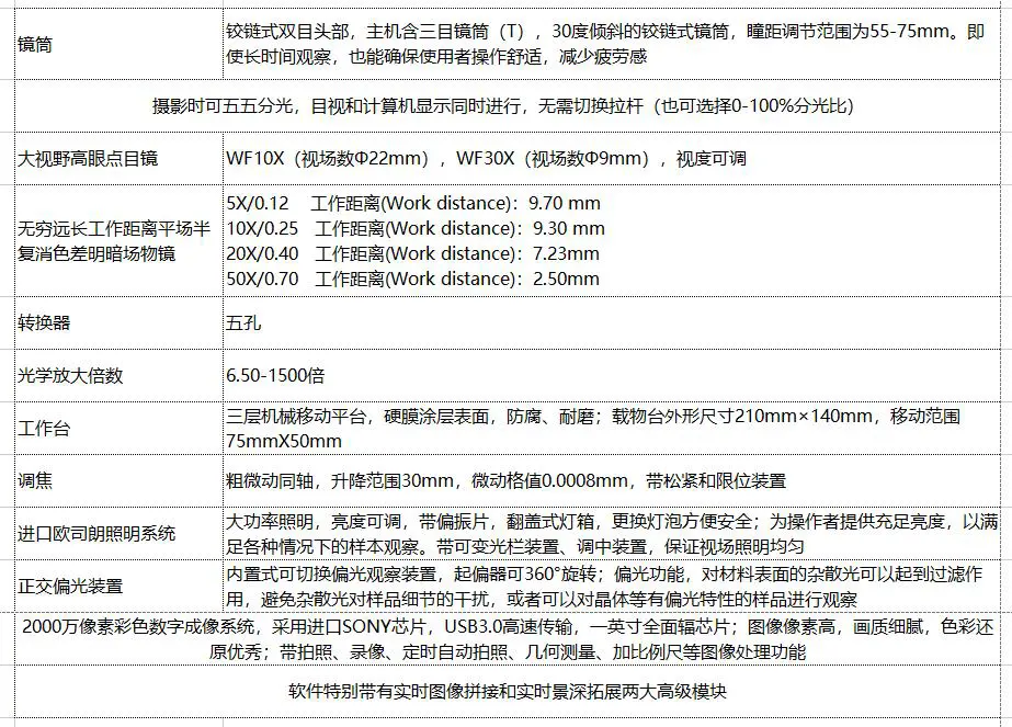 科研级高清明暗场光学显微镜的技术参数