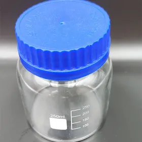 样品瓶 250ml广口高硼硅透明玻璃瓶，配有螺纹的TEFLON特氟龙盖子，上口径大于3cm 内有垫片